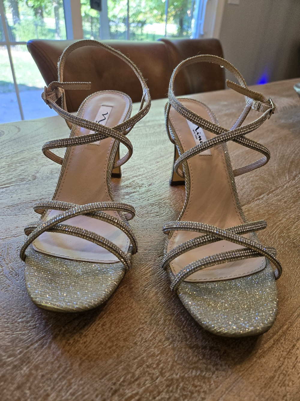 Nina Anna-YY Platino Luna Shine Rhinestone Strappy Heels Size 10M